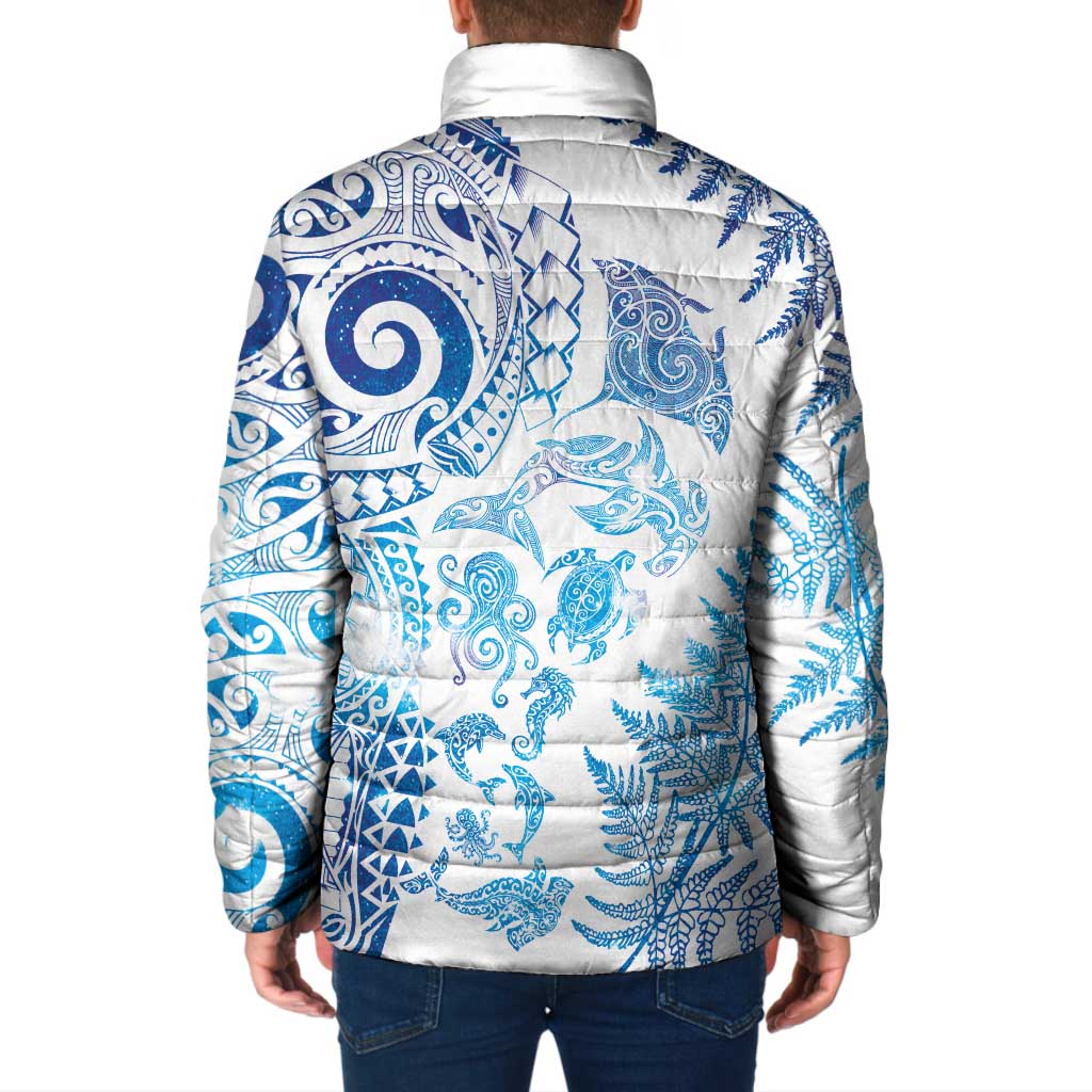 New Zealand Sea Animals Padded Jacket with Maori Koru Tribal Tattoo and Silver Ferns Galaxy Style LT03 - Polynesian Pride