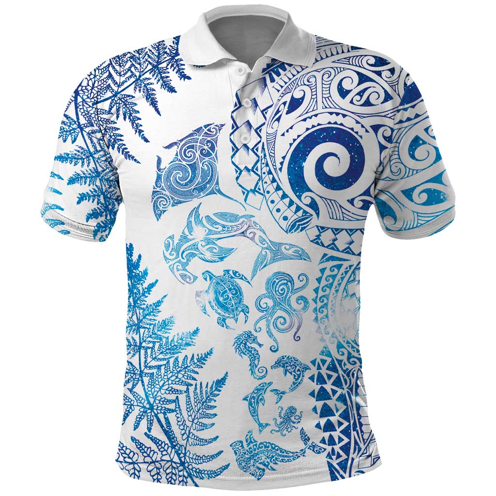 New Zealand Sea Animals Polo Shirt with Maori Koru Tribal Tattoo and Silver Ferns Galaxy Style LT03 Multicolor - Polynesian Pride