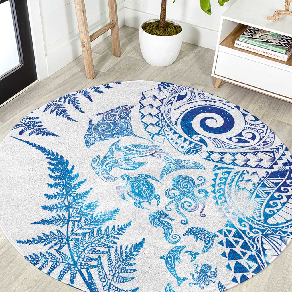 New Zealand Sea Animals Round Carpet with Maori Koru Tribal Tattoo and Silver Ferns Galaxy Style LT03 Multicolor - Polynesian Pride