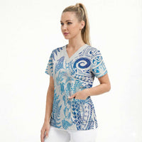 New Zealand Sea Animals Scrub Top with Maori Koru Tribal Tattoo and Silver Ferns Galaxy Style LT03 - Polynesian Pride