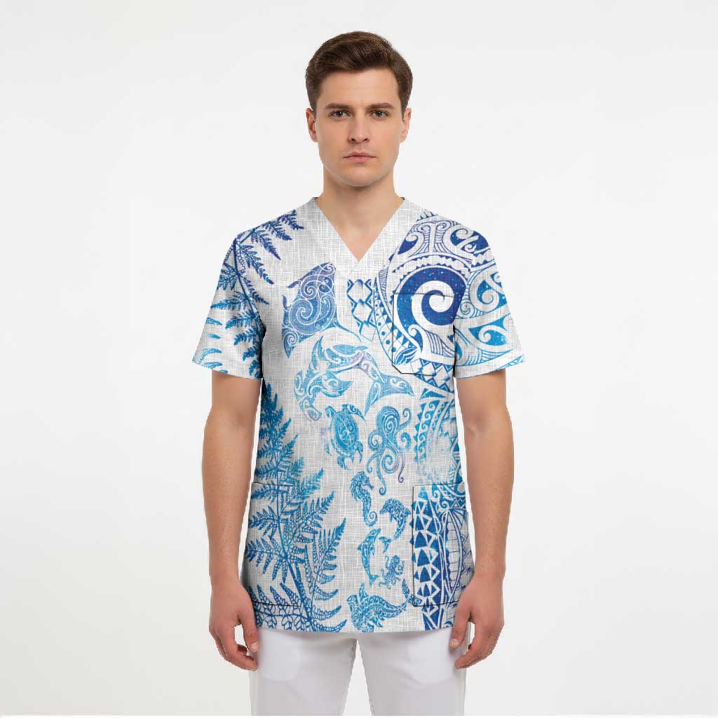 New Zealand Sea Animals Scrub Top with Maori Koru Tribal Tattoo and Silver Ferns Galaxy Style LT03 - Polynesian Pride
