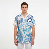 New Zealand Sea Animals Scrub Top with Maori Koru Tribal Tattoo and Silver Ferns Galaxy Style LT03 - Polynesian Pride