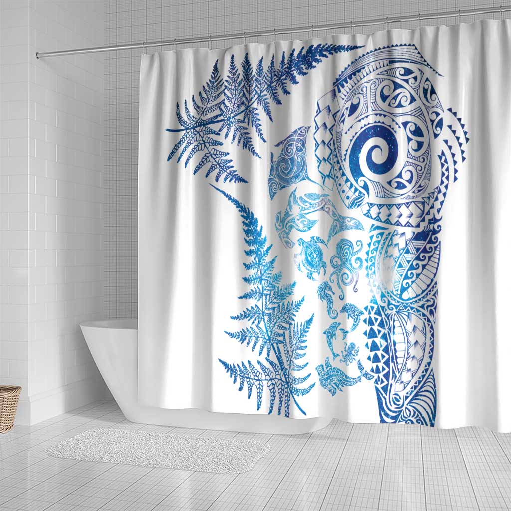 New Zealand Sea Animals Shower Curtain with Maori Koru Tribal Tattoo and Silver Ferns Galaxy Style