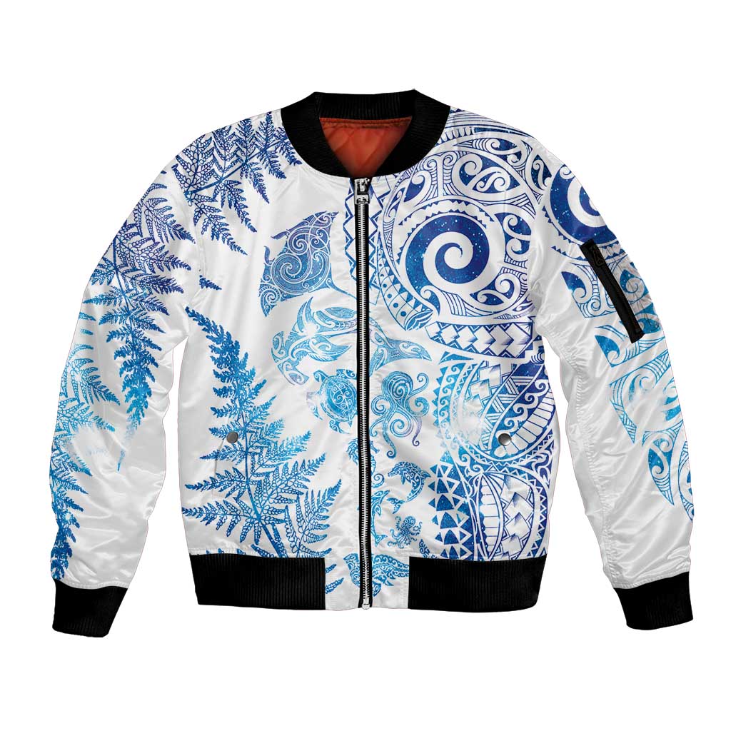 New Zealand Sea Animals Sleeve Zip Bomber Jacket with Maori Koru Tribal Tattoo and Silver Ferns Galaxy Style LT03 Unisex Multicolor - Polynesian Pride