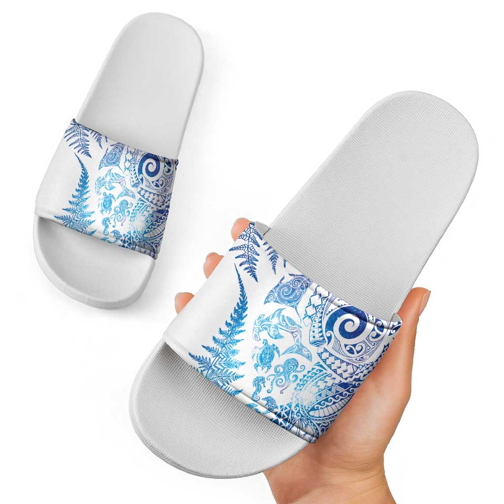 New Zealand Sea Animals Slide Sandals with Maori Koru Tribal Tattoo and Silver Ferns Galaxy Style LT03 - Polynesian Pride