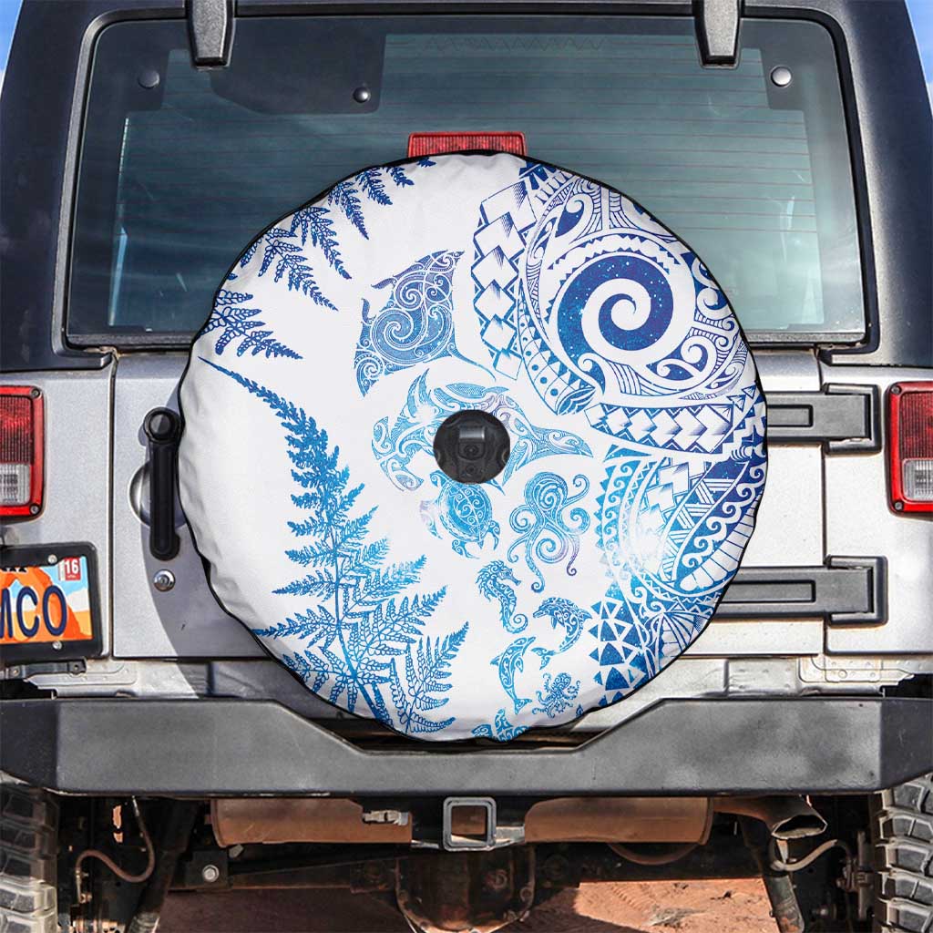New Zealand Sea Animals Spare Tire Cover with Maori Koru Tribal Tattoo and Silver Ferns Galaxy Style LT03 Multicolor - Polynesian Pride