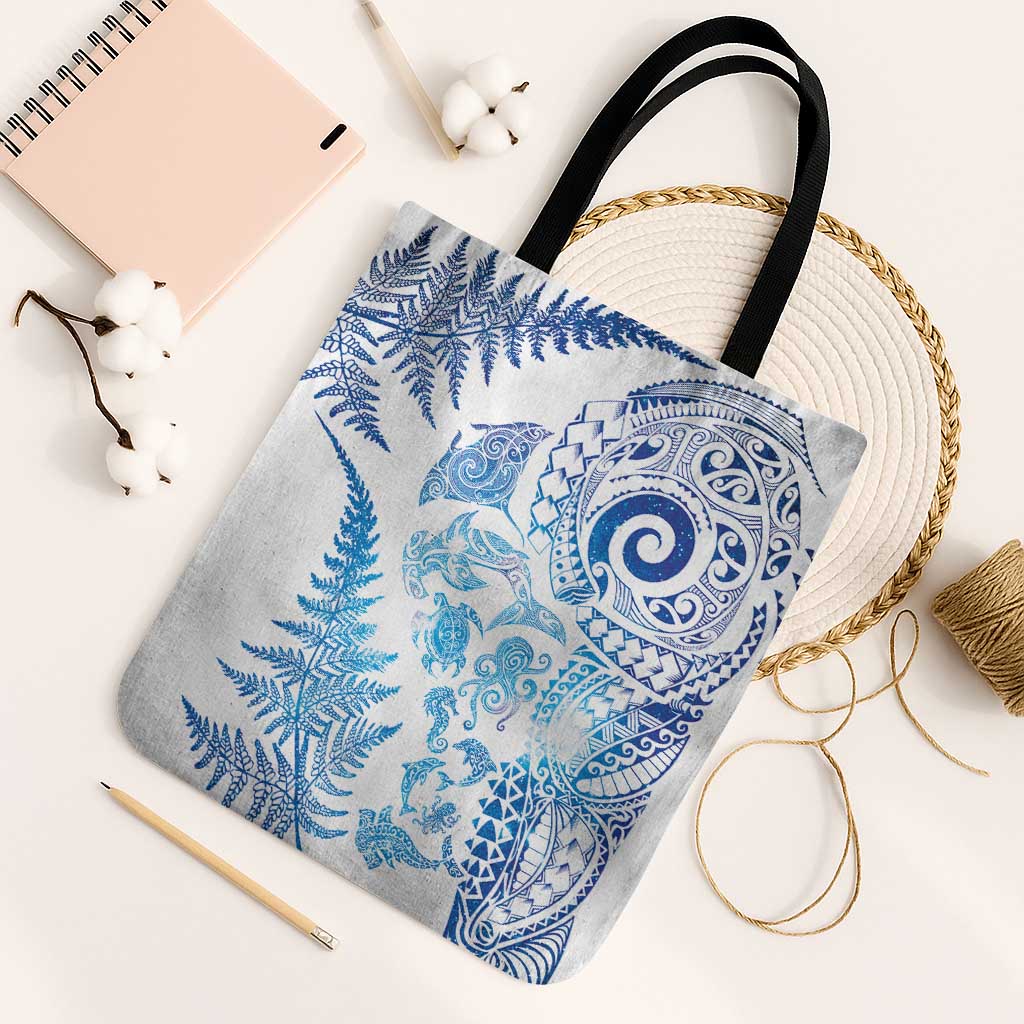 New Zealand Sea Animals Tote Bag with Maori Koru Tribal Tattoo and Silver Ferns Galaxy Style
