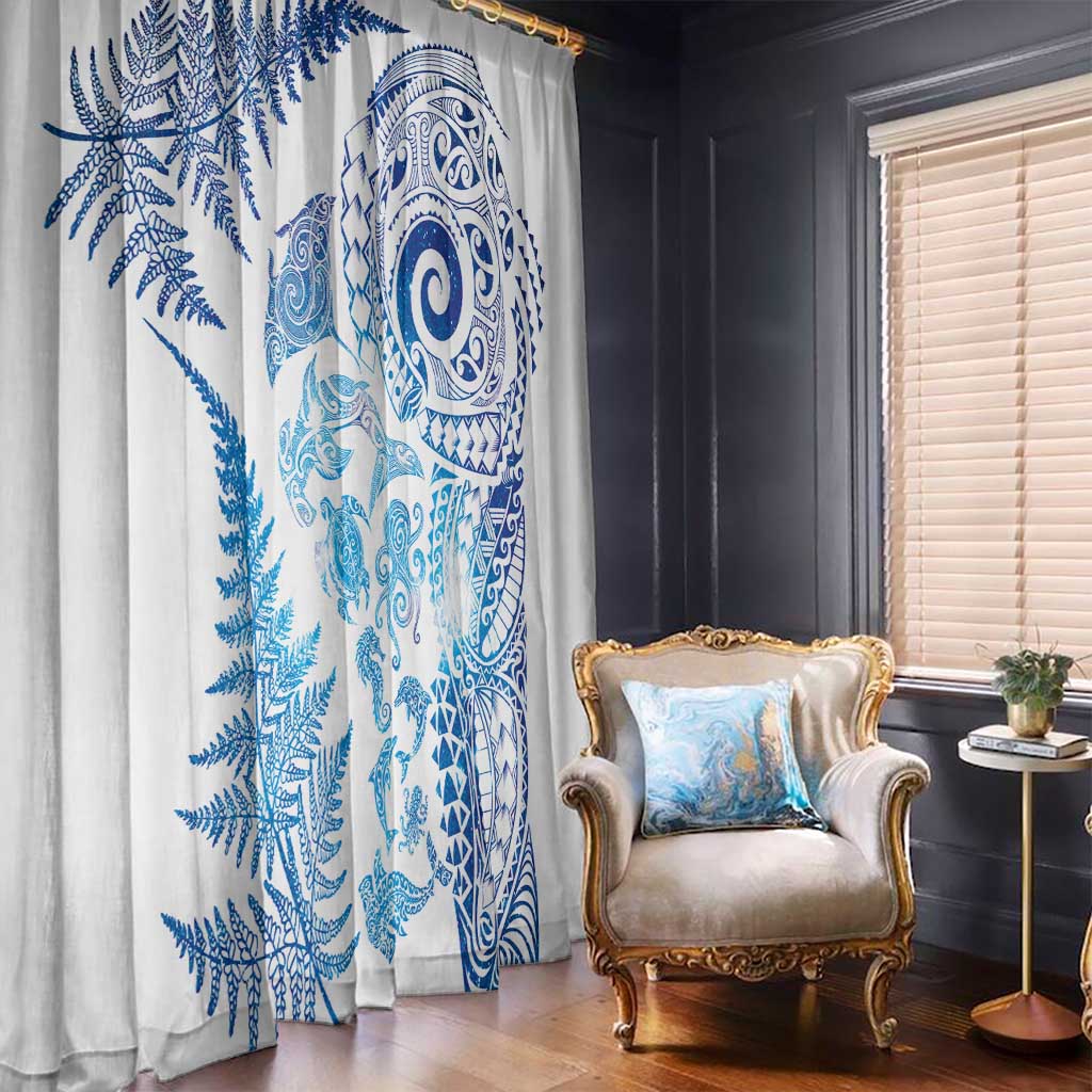 New Zealand Sea Animals Window Curtain with Maori Koru Tribal Tattoo and Silver Ferns Galaxy Style LT03 - Polynesian Pride