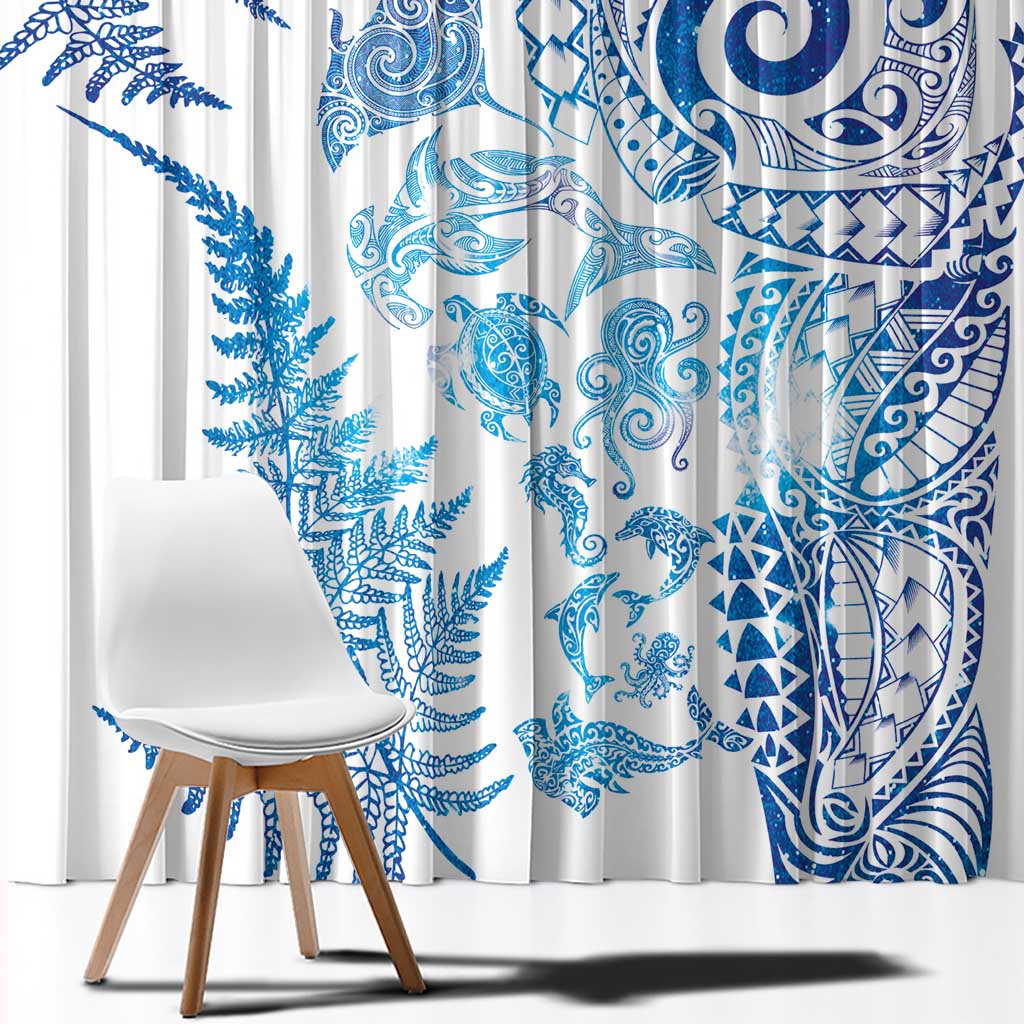 New Zealand Sea Animals Window Curtain with Maori Koru Tribal Tattoo and Silver Ferns Galaxy Style LT03 - Polynesian Pride
