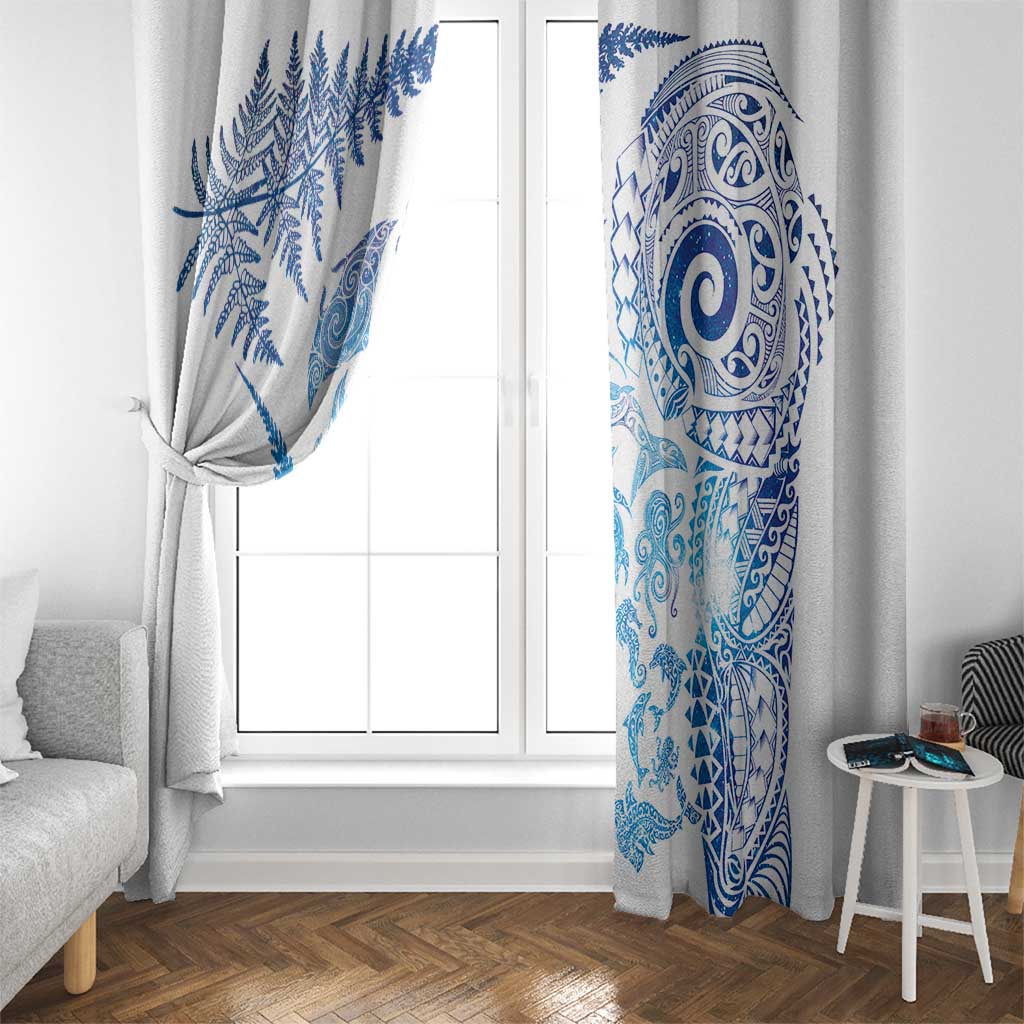 New Zealand Sea Animals Window Curtain with Maori Koru Tribal Tattoo and Silver Ferns Galaxy Style LT03 - Polynesian Pride