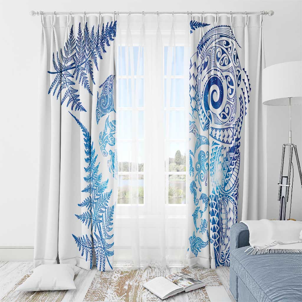New Zealand Sea Animals Window Curtain with Maori Koru Tribal Tattoo and Silver Ferns Galaxy Style LT03 - Polynesian Pride