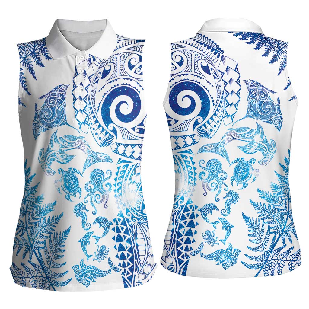 New Zealand Sea Animals Women Sleeveless Polo Shirt with Maori Koru Tribal Tattoo and Silver Ferns Galaxy Style LT03 - Polynesian Pride