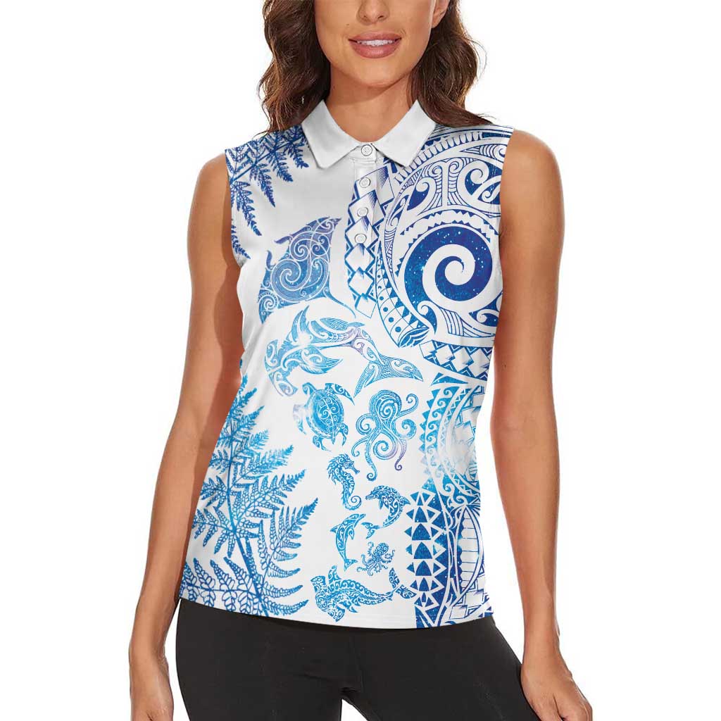 New Zealand Sea Animals Women Sleeveless Polo Shirt with Maori Koru Tribal Tattoo and Silver Ferns Galaxy Style LT03 - Polynesian Pride