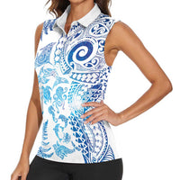New Zealand Sea Animals Women Sleeveless Polo Shirt with Maori Koru Tribal Tattoo and Silver Ferns Galaxy Style LT03 - Polynesian Pride