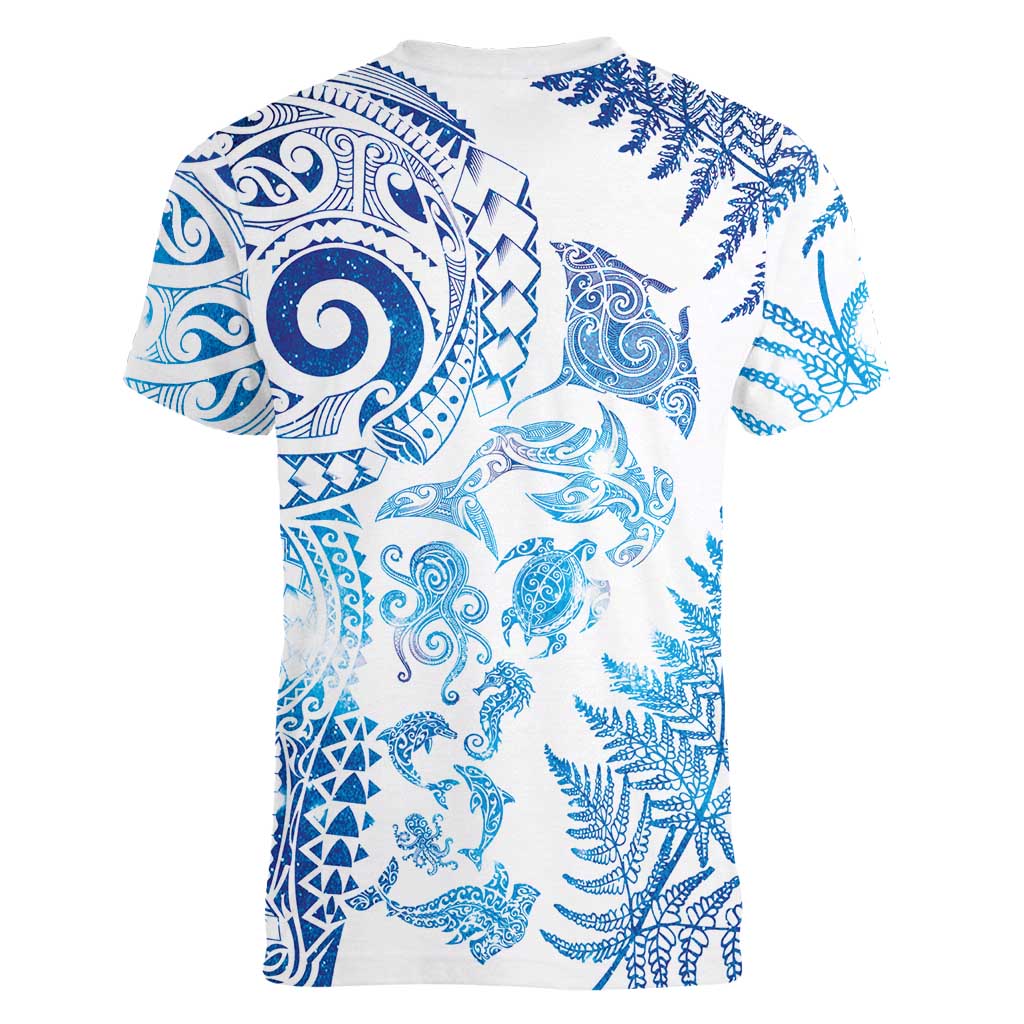 New Zealand Sea Animals Women V-Neck T-Shirt with Maori Koru Tribal Tattoo and Silver Ferns Galaxy Style LT03 - Polynesian Pride
