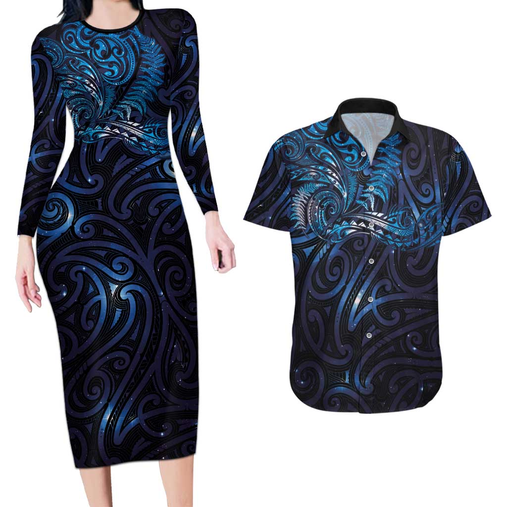 New Zealand New Year-Matariki Couples Matching Long Sleeve Bodycon Dress and Hawaiian Shirt Aotearoa Maori Tattoo Galaxy Sky