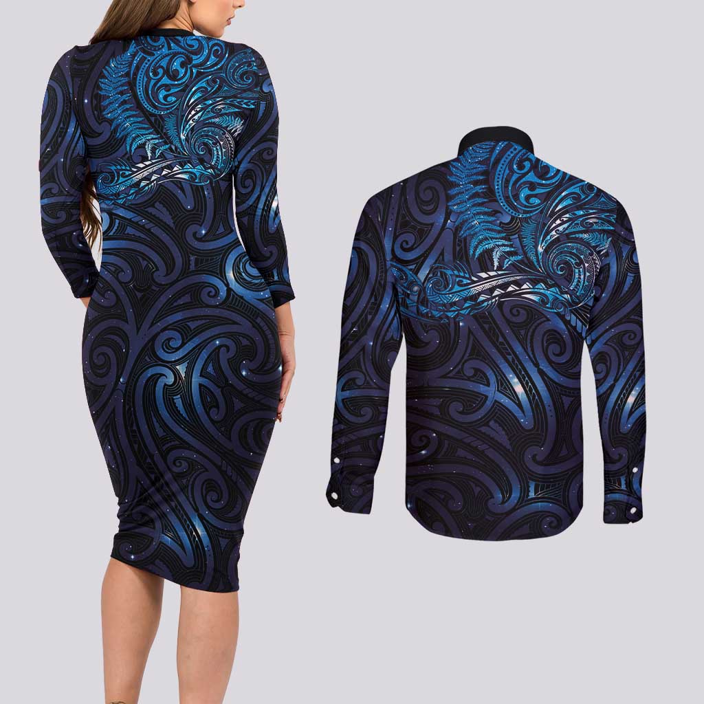 New Zealand New Year-Matariki Couples Matching Long Sleeve Bodycon Dress and Long Sleeve Button Shirt Aotearoa Maori Tattoo Galaxy Sky LT03 - Polynesian Pride