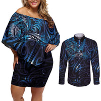 New Zealand New Year-Matariki Couples Matching Off Shoulder Short Dress and Long Sleeve Button Shirt Aotearoa Maori Tattoo Galaxy Sky LT03 Multicolor - Polynesian Pride