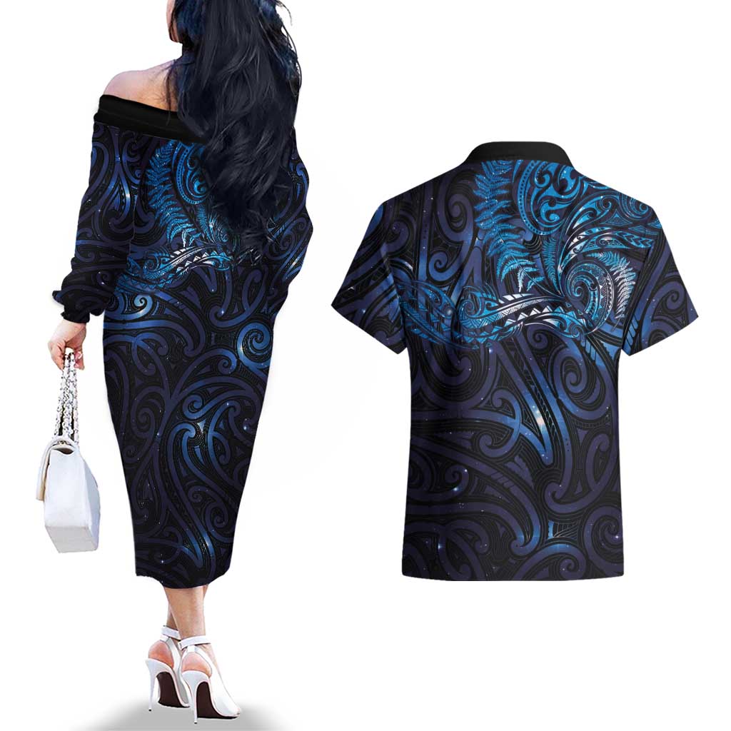 New Zealand New Year-Matariki Couples Matching Off The Shoulder Long Sleeve Dress and Hawaiian Shirt Aotearoa Maori Tattoo Galaxy Sky LT03 - Polynesian Pride