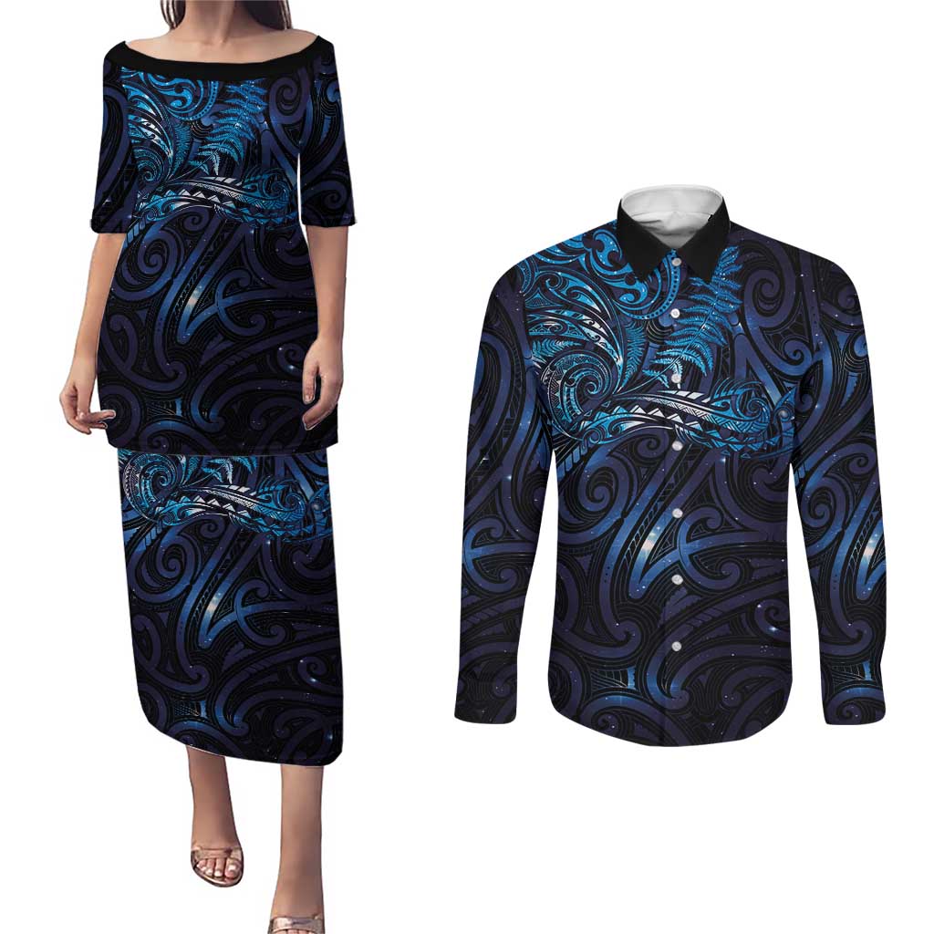 New Zealand New Year-Matariki Couples Matching Puletasi and Long Sleeve Button Shirt Aotearoa Maori Tattoo Galaxy Sky LT03 Multicolor - Polynesian Pride