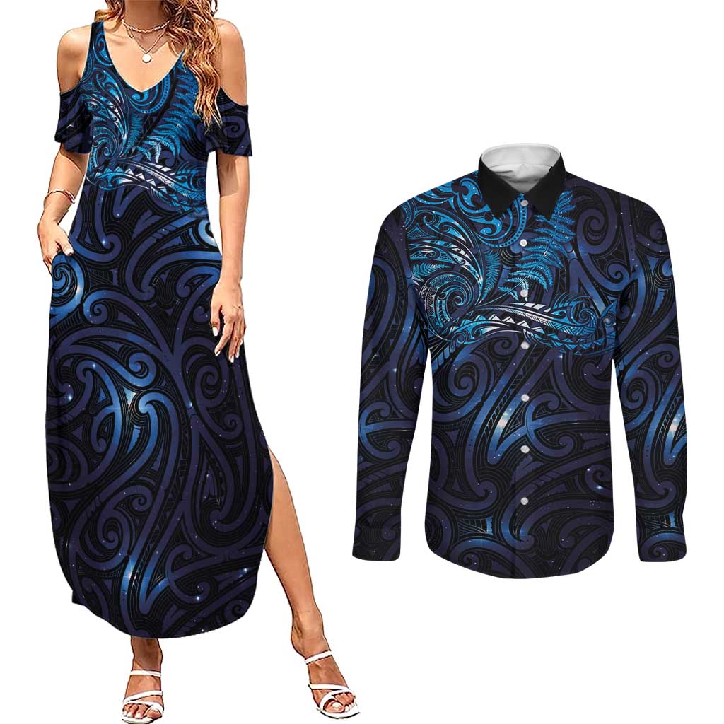New Zealand New Year-Matariki Couples Matching Summer Maxi Dress and Long Sleeve Button Shirt Aotearoa Maori Tattoo Galaxy Sky