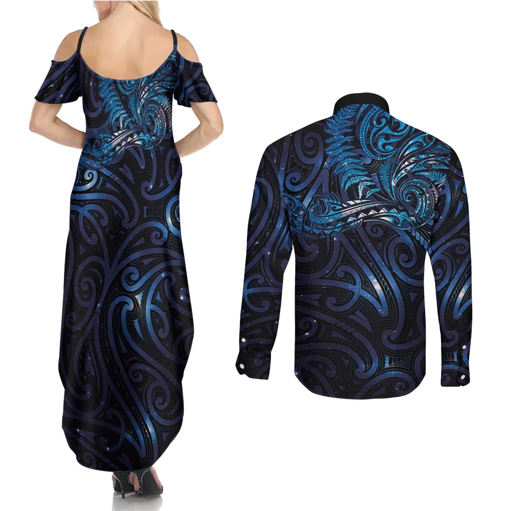 New Zealand New Year-Matariki Couples Matching Summer Maxi Dress and Long Sleeve Button Shirt Aotearoa Maori Tattoo Galaxy Sky LT03 - Polynesian Pride