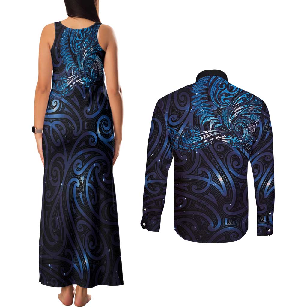 New Zealand New Year-Matariki Couples Matching Tank Maxi Dress and Long Sleeve Button Shirt Aotearoa Maori Tattoo Galaxy Sky LT03 - Polynesian Pride