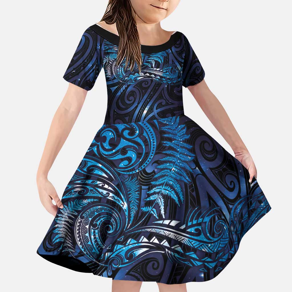 New Zealand New Year-Matariki Family Matching Long Sleeve Bodycon Dress and Hawaiian Shirt Aotearoa Maori Tattoo Galaxy Sky LT03 Daughter's Dress Multicolor - Polynesian Pride