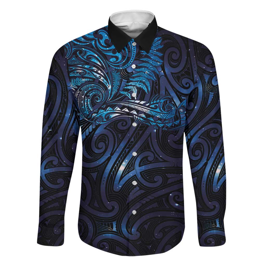 New Zealand New Year-Matariki Family Matching Long Sleeve Bodycon Dress and Hawaiian Shirt Aotearoa Maori Tattoo Galaxy Sky LT03 Dad's Shirt - Long Sleeve Multicolor - Polynesian Pride