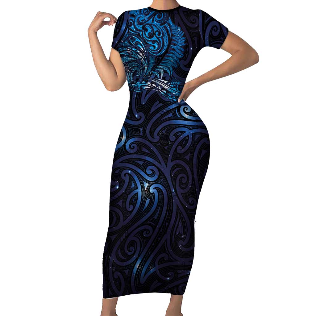 New Zealand New Year-Matariki Short Sleeve Bodycon Dress Aotearoa Maori Tattoo Galaxy Sky