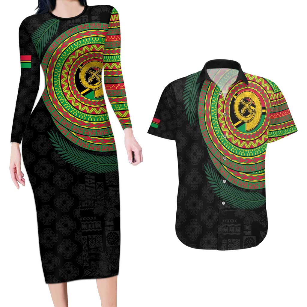 Vanuatu Tribal Tattoo with Namele Leaves Couples Matching Long Sleeve Bodycon Dress and Hawaiian Shirt