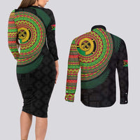 Vanuatu Tribal Tattoo with Namele Leaves Couples Matching Long Sleeve Bodycon Dress and Long Sleeve Button Shirt