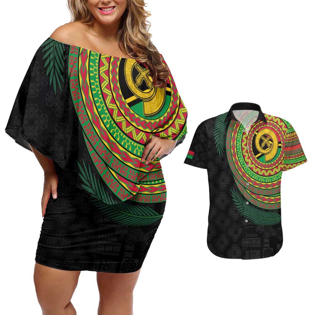 Vanuatu Tribal Tattoo with Namele Leaves Couples Matching Off Shoulder Short Dress and Hawaiian Shirt