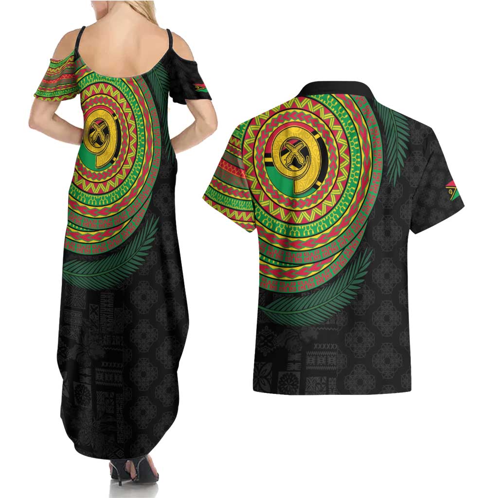 Vanuatu Tribal Tattoo with Namele Leaves Couples Matching Summer Maxi Dress and Hawaiian Shirt
