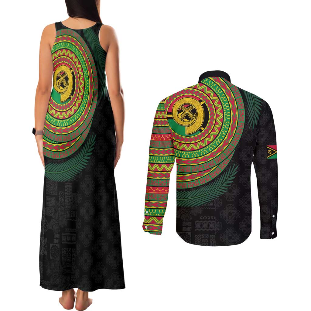 Vanuatu Tribal Tattoo with Namele Leaves Couples Matching Tank Maxi Dress and Long Sleeve Button Shirt