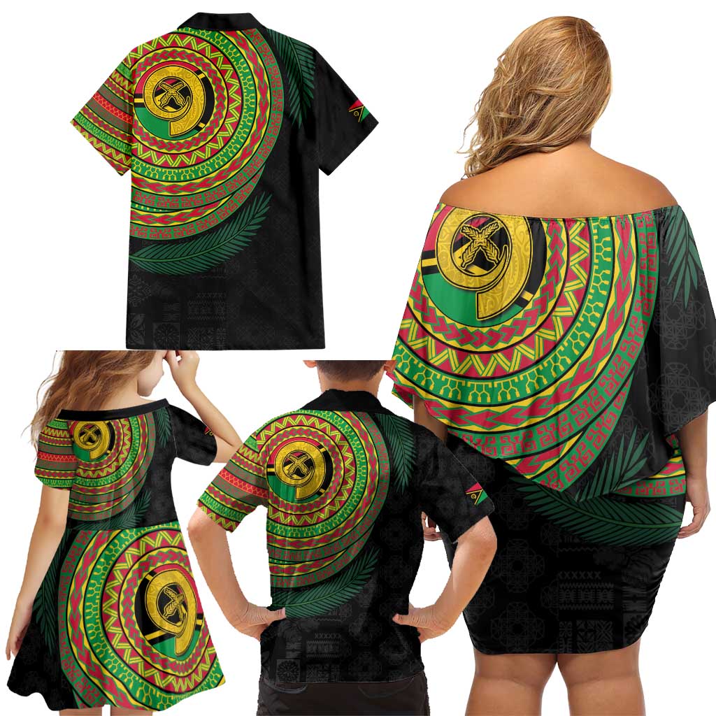 Vanuatu Tribal Tattoo with Namele Leaves Family Matching Off Shoulder Short Dress and Hawaiian Shirt