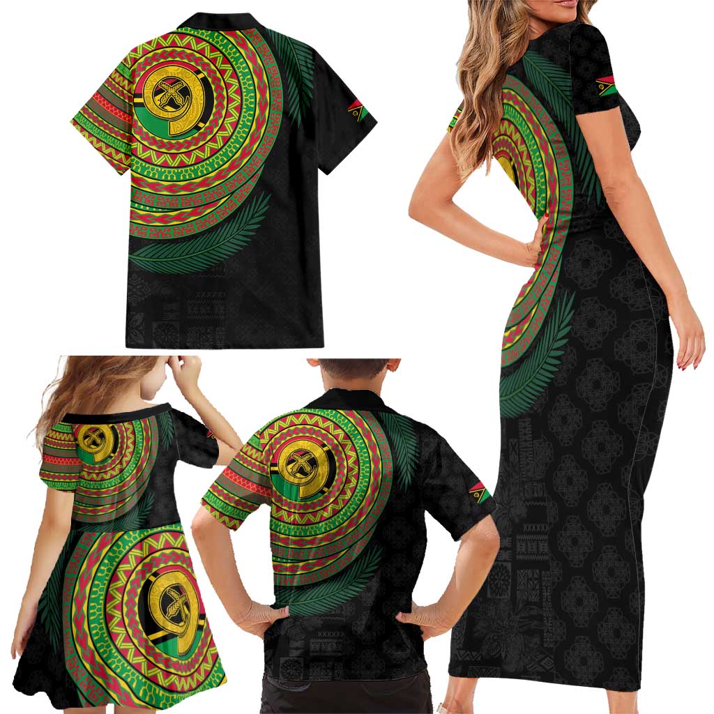 Vanuatu Tribal Tattoo with Namele Leaves Family Matching Short Sleeve Bodycon Dress and Hawaiian Shirt