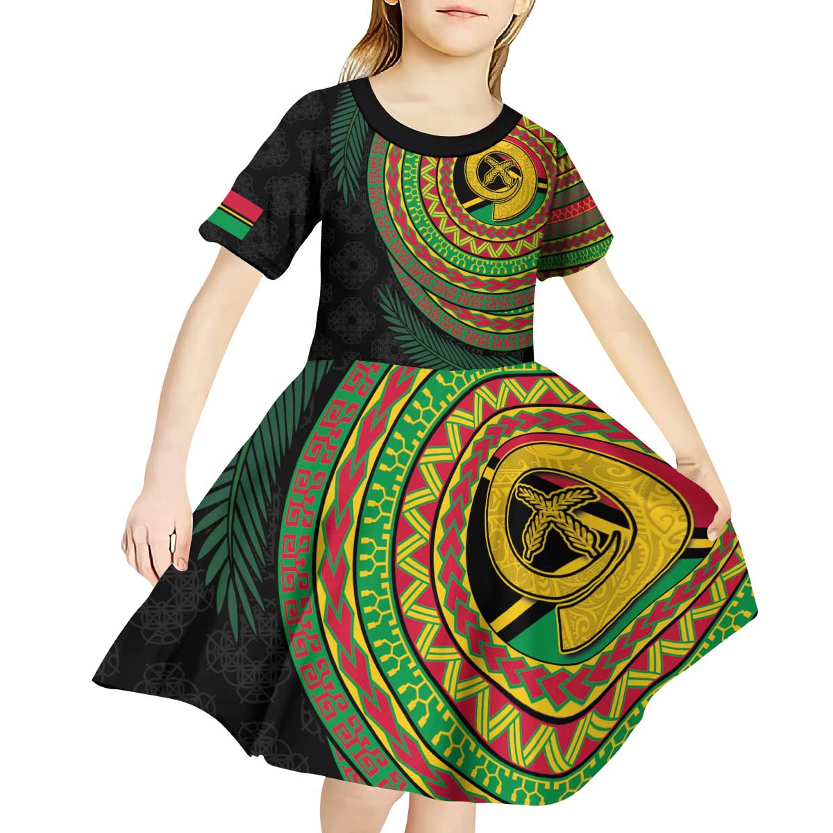 Vanuatu Tribal Tattoo with Namele Leaves Kid Short Sleeve Dress