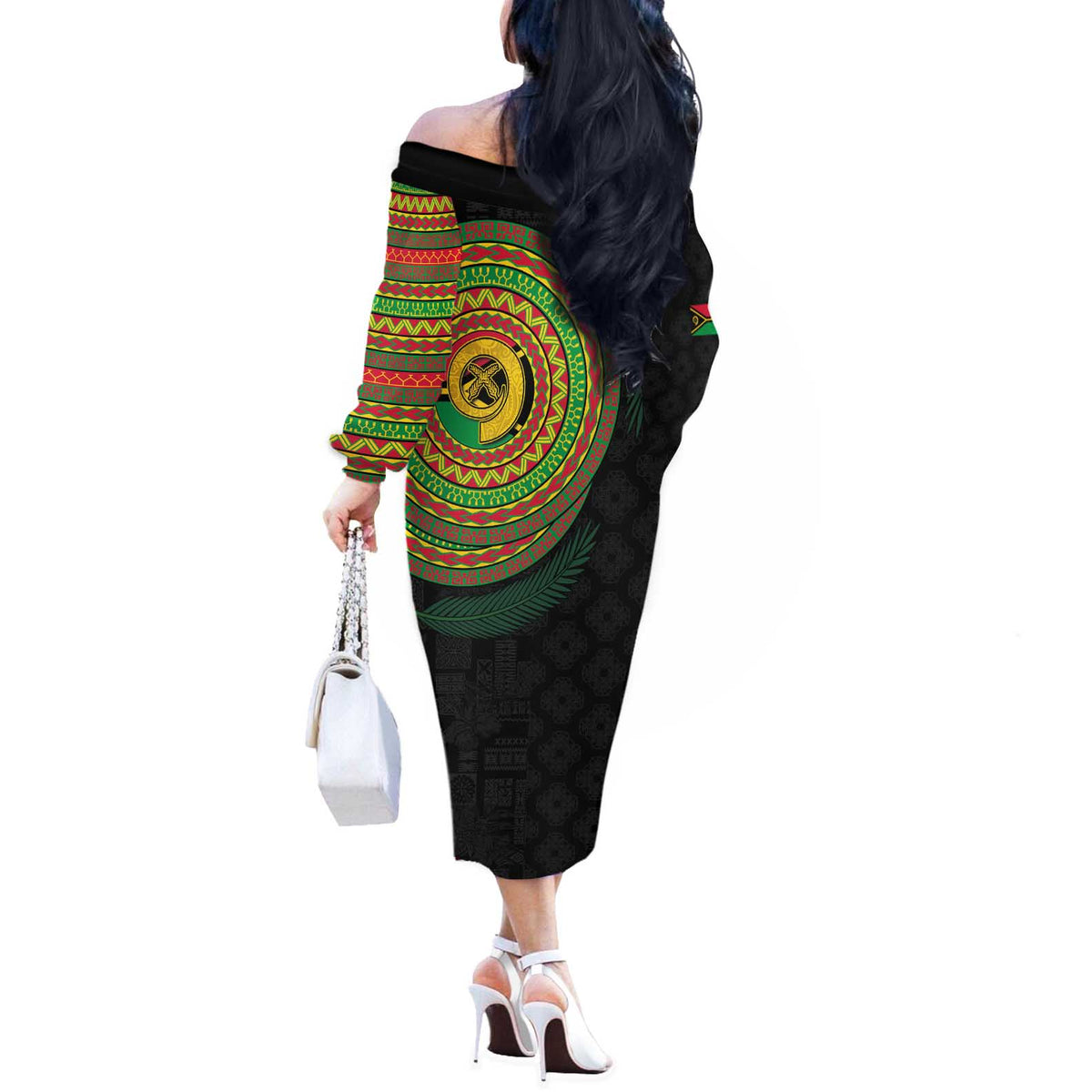 Vanuatu Tribal Tattoo with Namele Leaves Off The Shoulder Long Sleeve Dress