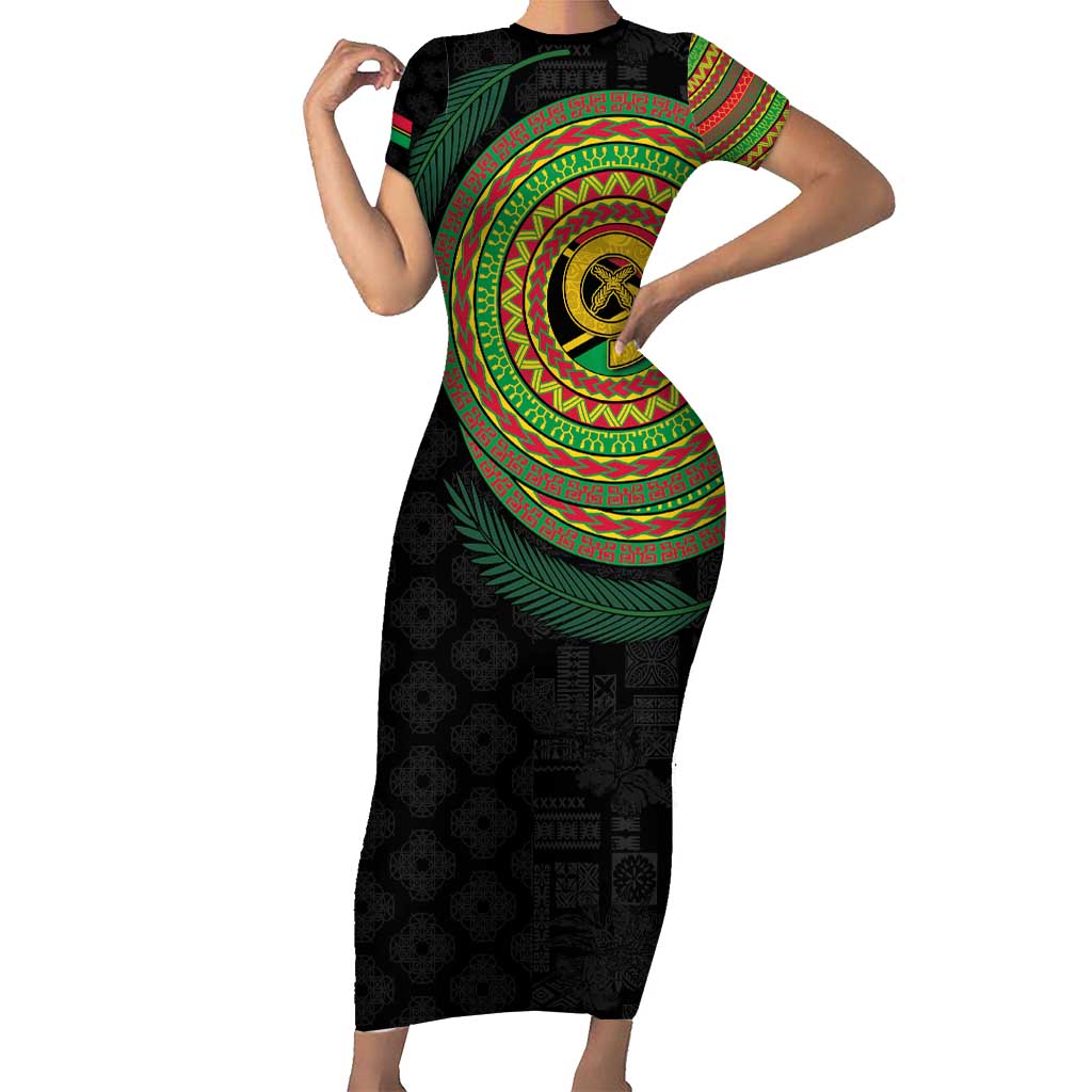 Vanuatu Tribal Tattoo with Namele Leaves Short Sleeve Bodycon Dress