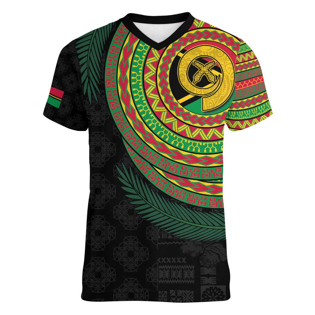 Vanuatu Tribal Tattoo with Namele Leaves Women V-Neck T-Shirt