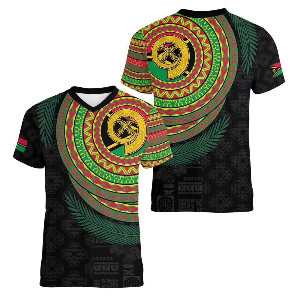 Vanuatu Tribal Tattoo with Namele Leaves Women V-Neck T-Shirt