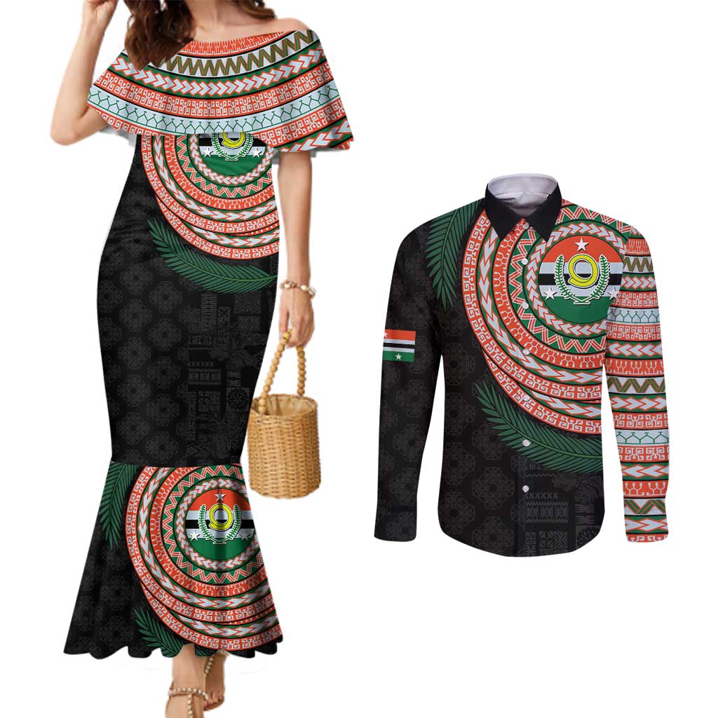 Penama Tribal Tattoo with Namele Leaves Couples Matching Mermaid Dress and Long Sleeve Button Shirt