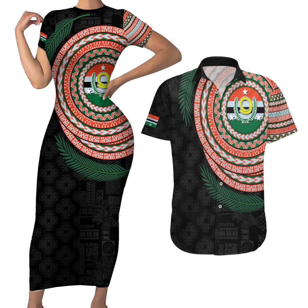 Penama Tribal Tattoo with Namele Leaves Couples Matching Short Sleeve Bodycon Dress and Hawaiian Shirt LT03 Black - Polynesian Pride