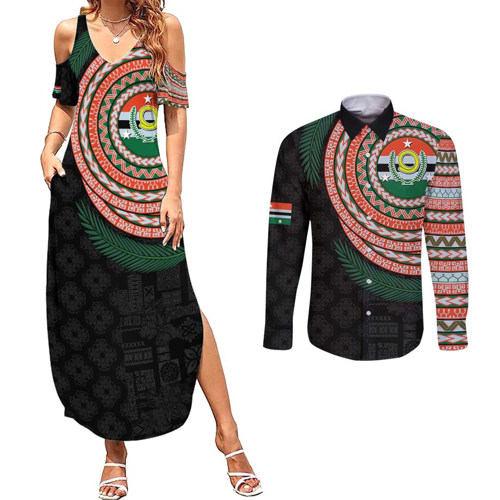 Penama Tribal Tattoo with Namele Leaves Couples Matching Summer Maxi Dress and Long Sleeve Button Shirt LT03 Black - Polynesian Pride