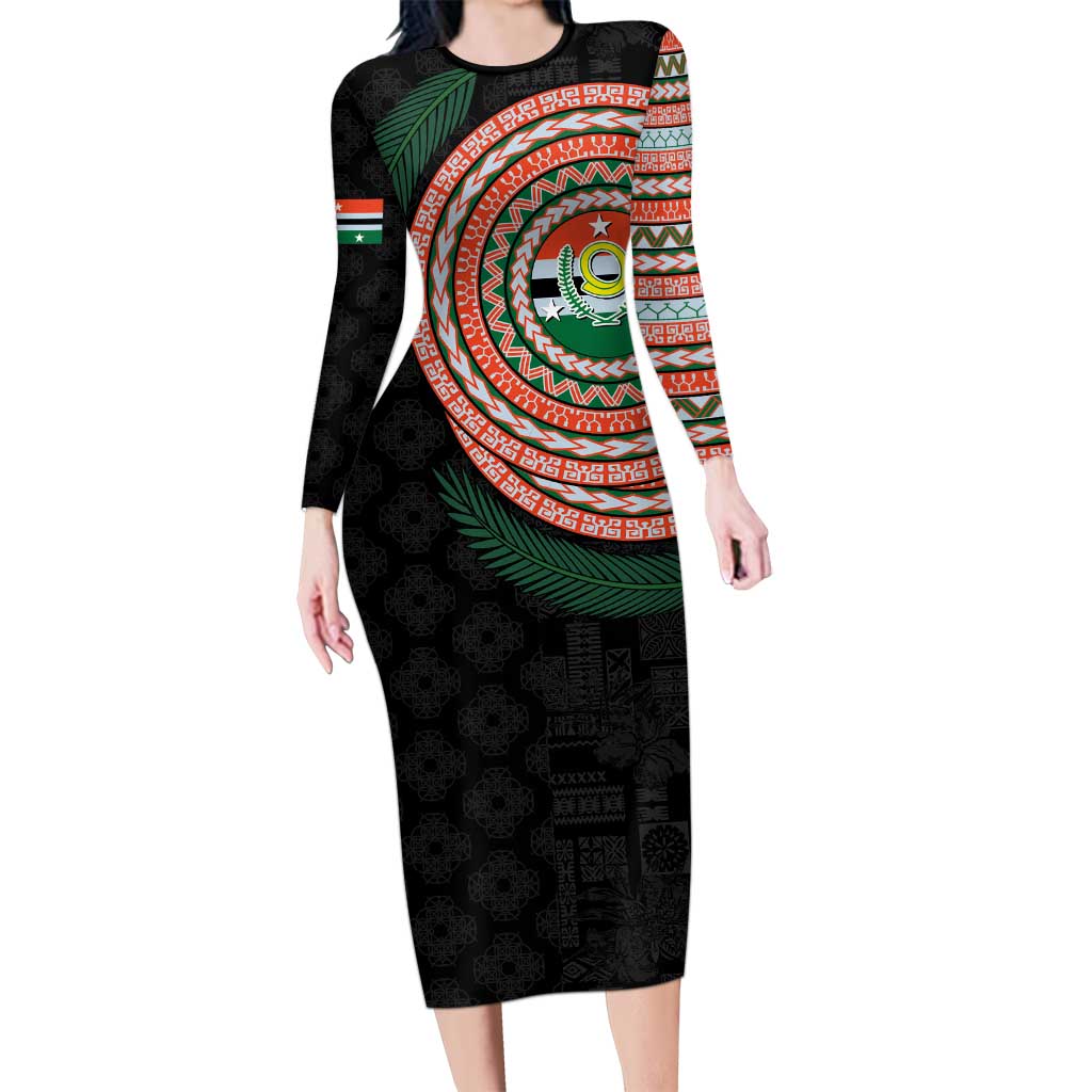 Penama Tribal Tattoo with Namele Leaves Family Matching Long Sleeve Bodycon Dress and Hawaiian Shirt LT03 Mom's Dress Black - Polynesian Pride