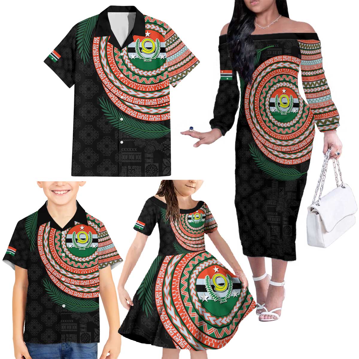 Penama Tribal Tattoo with Namele Leaves Family Matching Off The Shoulder Long Sleeve Dress and Hawaiian Shirt