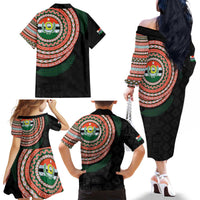 Penama Tribal Tattoo with Namele Leaves Family Matching Off The Shoulder Long Sleeve Dress and Hawaiian Shirt