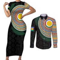 Shefa Tribal Tattoo with Namele Leaves Couples Matching Short Sleeve Bodycon Dress and Long Sleeve Button Shirt LT03 Black - Polynesian Pride