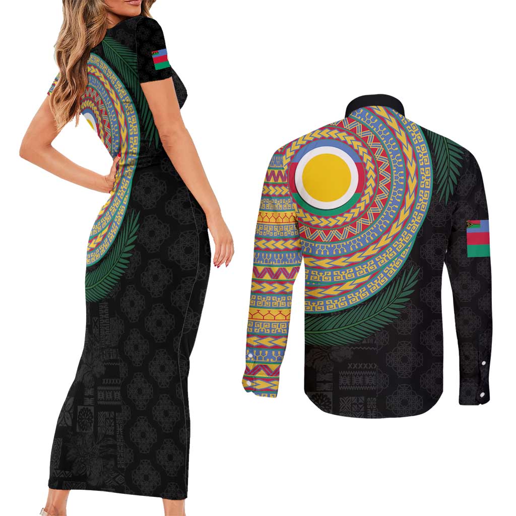 Shefa Tribal Tattoo with Namele Leaves Couples Matching Short Sleeve Bodycon Dress and Long Sleeve Button Shirt LT03 - Polynesian Pride